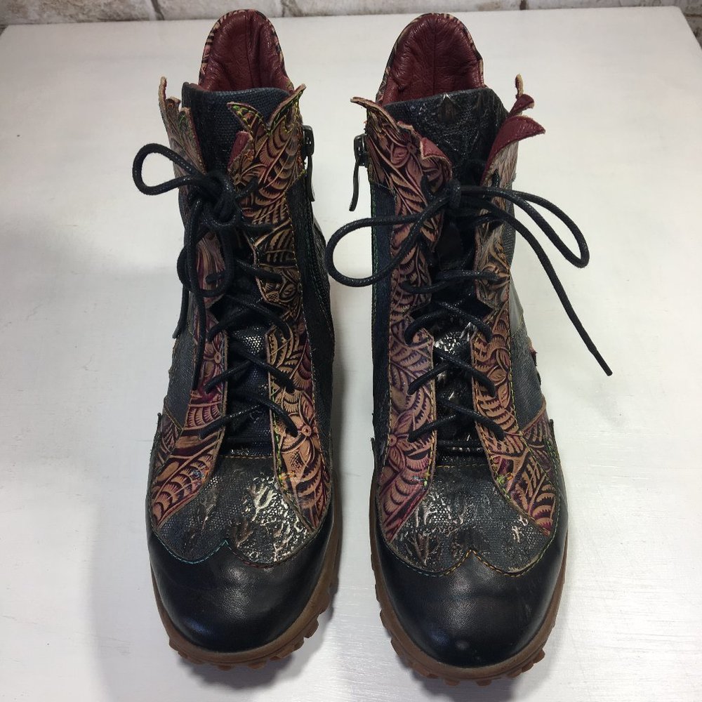 Artistic Black and Red Lace-Up Boots